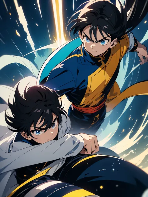 (((masterpiece、highest quality))),(Hitting Kamehameha)16k,(1 young person,black hair,brave look),(tall、Cool Boy)、 figure, Earth, Wind,space,、(Shining eyes),(chinese fighting uniform)、(Blue effect)、action、beautiful anime、Cool anime