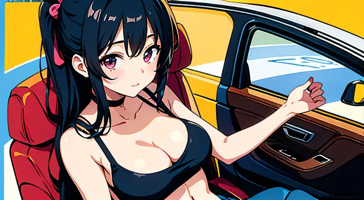 4K, A high resolution, Best quality at best, masterpiece, perfect colors, perfect shadow, perfect litthing, ((sportrait)), Anime girl sitting in car with hand on chin, Anime visuals of cute girls, Seductive Anime Girl, charming anime girls, anime styled, H...