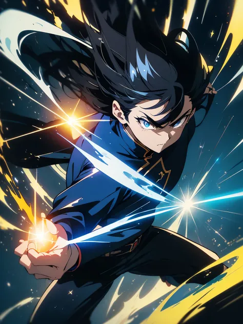 (((masterpiece、highest quality))),(Hitting Kamehameha)16k,(1 young person,black hair,brave look),(tall、Cool Boy)、 figure, Earth, Wind,space,、(Shining eyes),(chinese fighting uniform)、(Blue effect)、action、beautiful anime、Cool anime