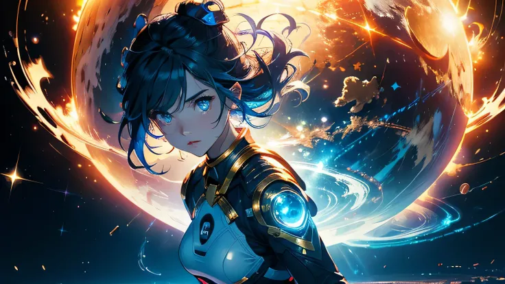 (masterpiece), best quality, a cute girl floating in the space holding a planet, ((holding)), sphere, ((glow, planet glow)), perfect face, expressive eyes, (blue Tight crop top gold leather suit), (Medium breast), (open half breast), , spiral galaxy, astro...