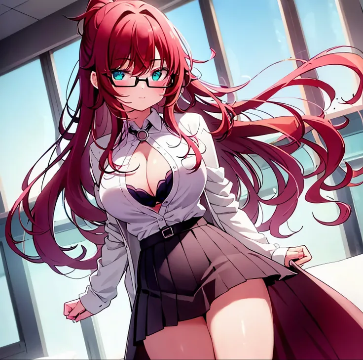 1girl, alone, yakuzen kusuri,long hair, red hair, ponytail, red glasses, turquoise eyes, mole on chest, white shirt, open shirt, purple bra, seductive, closed mouth, makeup, tight black skirt, short skirt, heels black , big breasts, medium waist, wide hips...