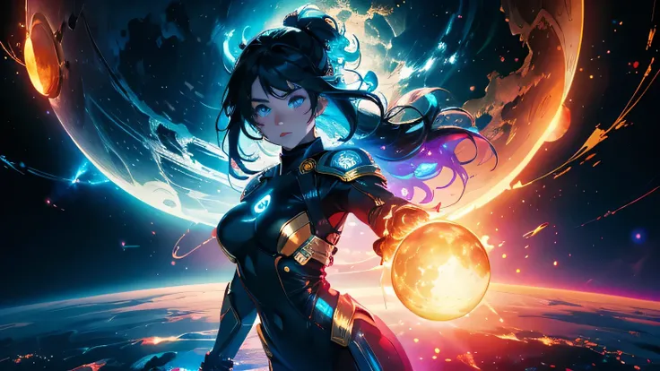 (masterpiece), best quality, a cute girl floating in the space holding a planet, ((holding)), sphere, ((glow, planet glow)), perfect face, expressive eyes, (blue Tight crop top gold leather suit), (Medium breast), (open half breast), , spiral galaxy, astro...