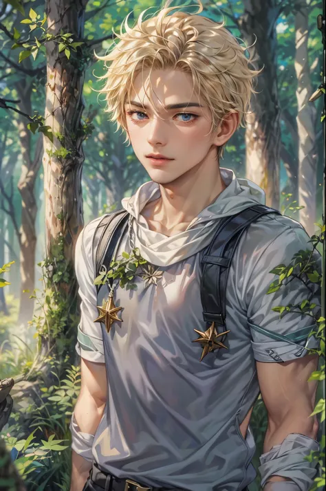 ((Best quality)), ((masterpiece)), (detailed), ((perfect face)), ((halfbody)) handsome face, male, teen boy,  perfect proportions , a character from anime fairy tail, male version , hiro mashima art, detailed ghibli forest background, detailed ghibli scene...