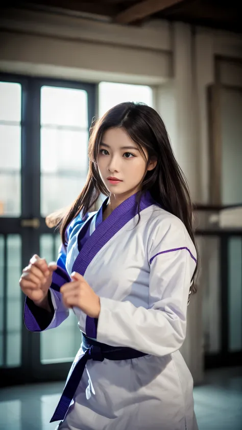 handsome chinese girl, clear eyes, clear facial features, wear Hanfu, fighting stance, Martial arts moves, A body wrapped in purple mist, Runes around, holographic reality, holographic halo, motion blur, game light effects, edge light, soft light, movie ed...