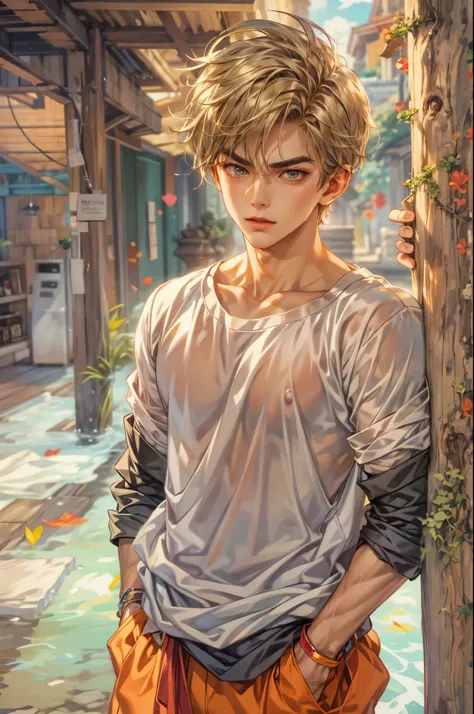 ((Best quality)), ((masterpiece)), (detailed), ((perfect face)), ((halfbody)) handsome face, male, teen boy,  perfect proportions , a character from anime Dragon ball Z, akira toriyama art style, short hair, male version , detailed ghibli interior scenery ...