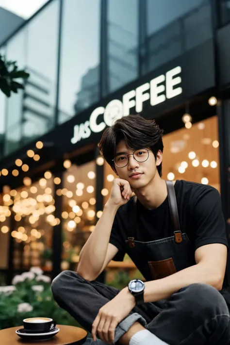 araffe sitting on a table with a cup of coffee in front of a coffee shop, jung jaehyun, male ulzzang, jc park, jinyoung shin, in...