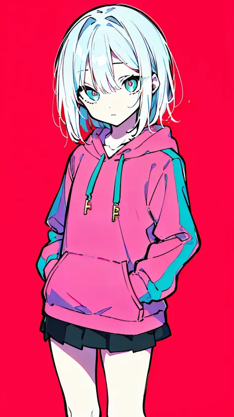 (masterpiece, highest quality:1.6), alone, thick outline, (simple background, Bright pink background, monochrome, bright pink theme:1.2), official art, Key Visual, 8k, confused, whole body, (unique hair, oversized hoodie, mini skirt, arch back, short torso...