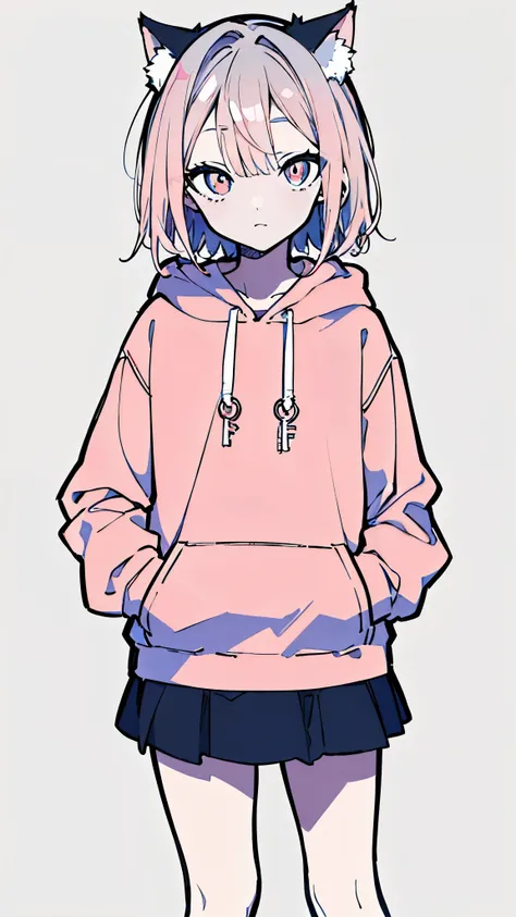 (masterpiece, highest quality:1.6), alone, thick outline, (simple background, light pink background, monochrome, light pink theme:1.2), official art, Key Visual, 8k, confused, whole body, (unique hair, oversized hoodie, mini skirt, Cat ear, short torso:1.2...