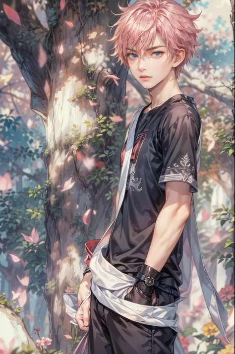 ((Best quality)), ((masterpiece)), (detailed), ((perfect face)), ((halfbody)) handsome face, male, teen boy,  perfect proportions , a character from anime fairy tail, pink hair, male version , hiro mashima art, detailed ghibli forest background, detailed g...