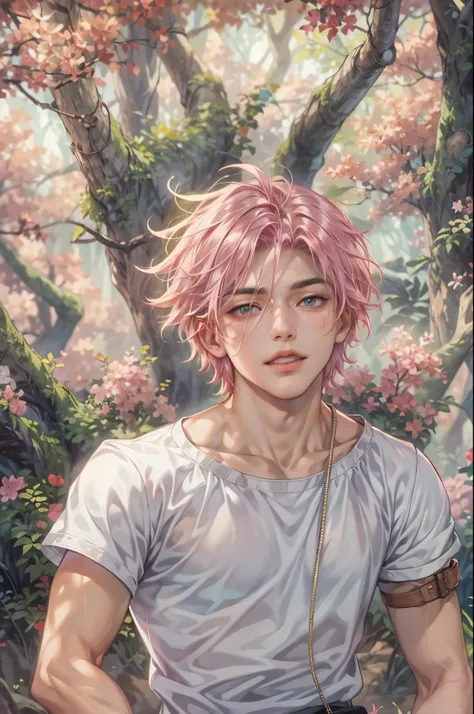 ((Best quality)), ((masterpiece)), (detailed), ((perfect face)), ((halfbody)) handsome face, male, teen boy,  perfect proportions , a character from anime fairy tail, pink hair, male version , hiro mashima art, detailed ghibli forest background, detailed g...