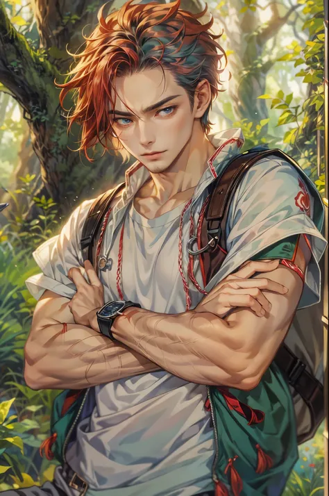 ((Best quality)), ((masterpiece)), (detailed), ((perfect face)), ((halfbody)) handsome face, male, teen boy,  perfect proportions , a character from anime fairy tail, red hair, male version , hiro mashima art, detailed ghibli forest background, detailed gh...