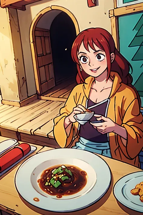 Luffy and Nami eating Acarajé in Bahia and smiling anime
