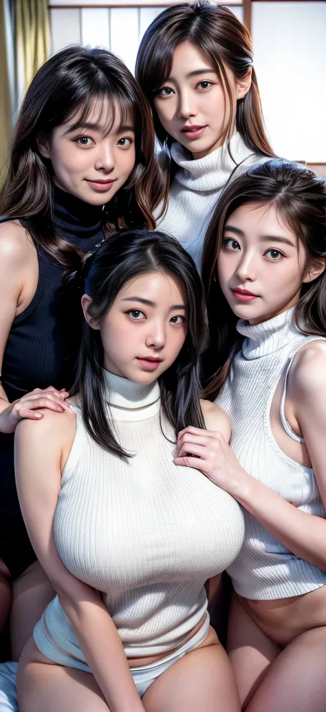 (((Japan&#39;The most beautiful photos of three mothers)))、They all have different types and hairstyles，But they are all beautiful.、((Everyone is obscene，breasts too big.))、different postures、Everyone is wearing white turtleneck sleeveless sweaters、The roo...