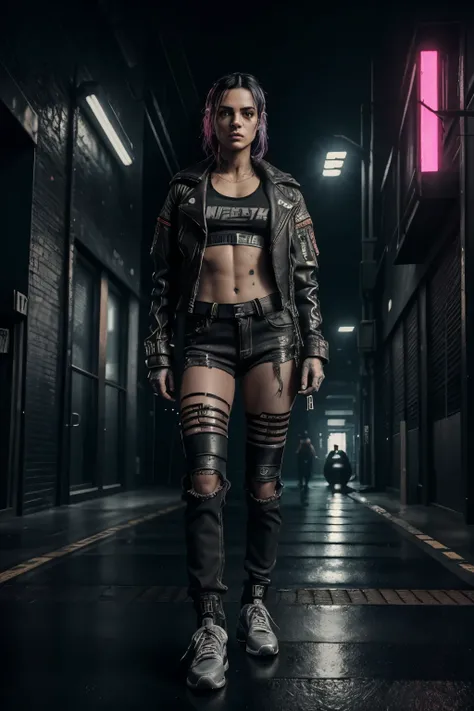 (Cyberpunk style, gritty realism, high contrast, edgy), Female fitness instructor, 30 years old, lean muscle, cybernetic implants, neon-lit gym, dystopian atmosphere, latex workout outfit, streetwear, slim waist, toned arms, dark alleyway, rain-soaked pave...