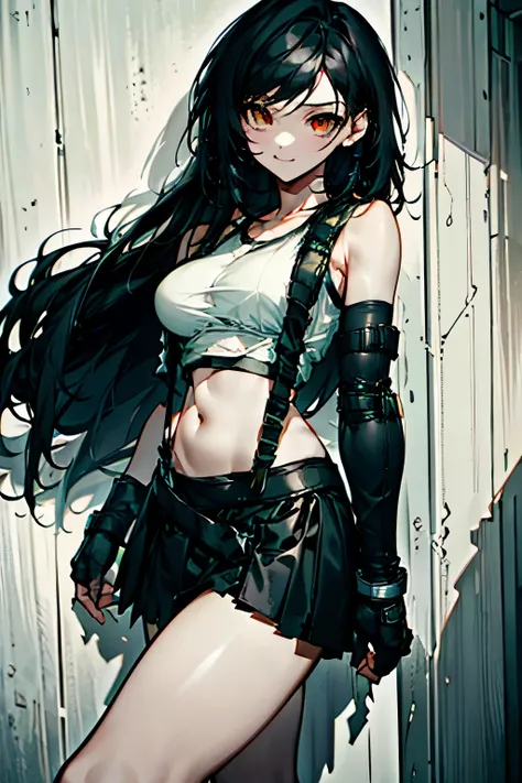 (highest quality、masterpiece:1.2) (1 girl), tifa lockhart black hair, long hair, ((suspenders black skirt), black elbow gloves, ...