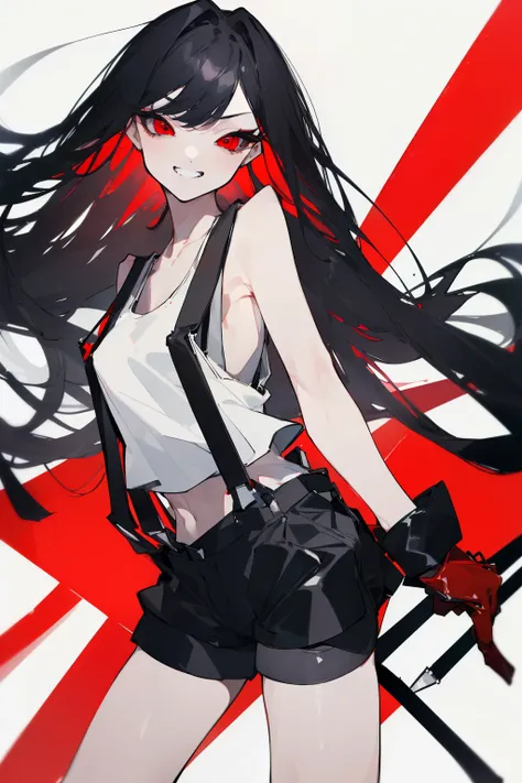 (highest quality、masterpiece:1.2) girl,long black hair、red eyes, tall、long limbs、(Ferocious look、vulgar smile), (white tank top,suspenders、black hot pants、leather gloves)