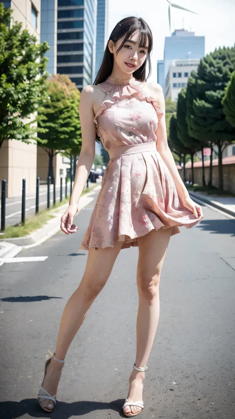 (highest quality, 8k, 32K, masterpiece, Hmm:1.2),Photos of beautiful Japanese women,(sad smile,blush:1.1),looking at the viewer,(beautiful detailed dress skirt:1.2),leg details,(spread your legs:0.9),(lace panties:0.9),(wind lift:1.5), whole body,the wind ...