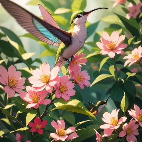 (a beautiful bird,small bird,detailed painting),(Hummingbird:1.2),flowers,delicate wings,bright colors,vibrant,hovering in the air,tiny beak,gorgeous feathers,close-up,highres,colibri,best quality,floral surroundings,bokeh lighting