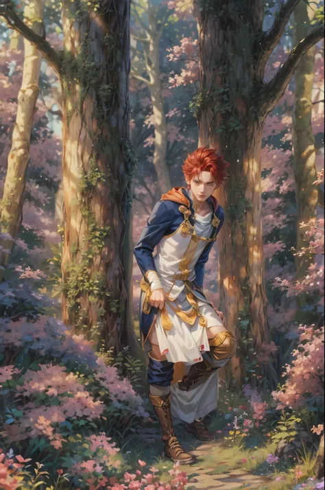 ((Best quality)), ((masterpiece)), (detailed), ((perfect face)), ((halfbody)) handsome face, male, teen boy,  perfect proportions , a character from anime fairy tail, red hair, male version , hiro mashima art, detailed ghibli forest background, detailed gh...