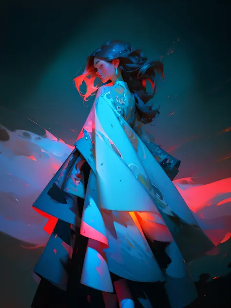 1woman wearing trendy clothes, in an abstract oil painting style, fashion show, The painting is ultra-high detailed and has a resolution of 8k, showcasing the best quality and craftsmanship. The background is colorful, with a touch of fog and smoky, creati...