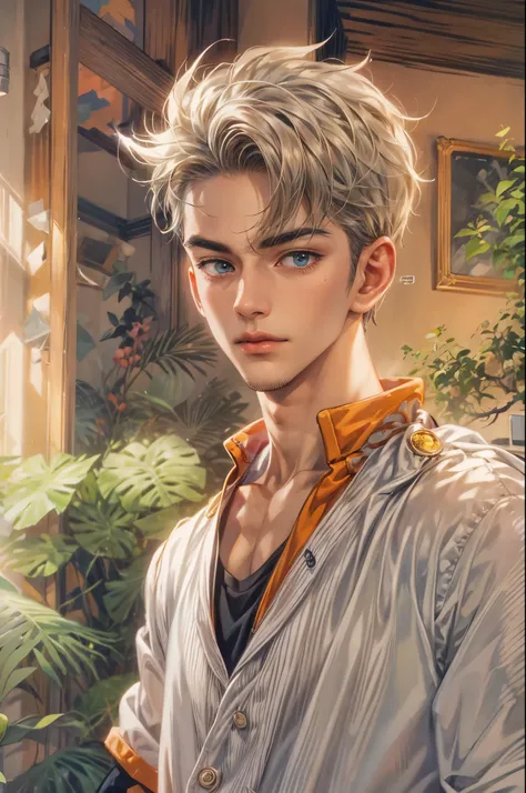 ((Best quality)), ((masterpiece)), (detailed), ((perfect face)), ((halfbody)) handsome face, male, teen boy,  perfect proportions , a character from anime Dragon ball Z, akira toriyama art style, short hair, male version , detailed ghibli interior scenery ...