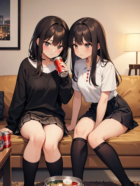 (1) night、Two women drinking canned beer in the living room of an apartment.
(2) The first one is 23 years old, Active, with short brown hair, Pleated skirt and loose leg warmers.
(3) The second woman is 23 years old, quiet, with long black hair, floral sk...