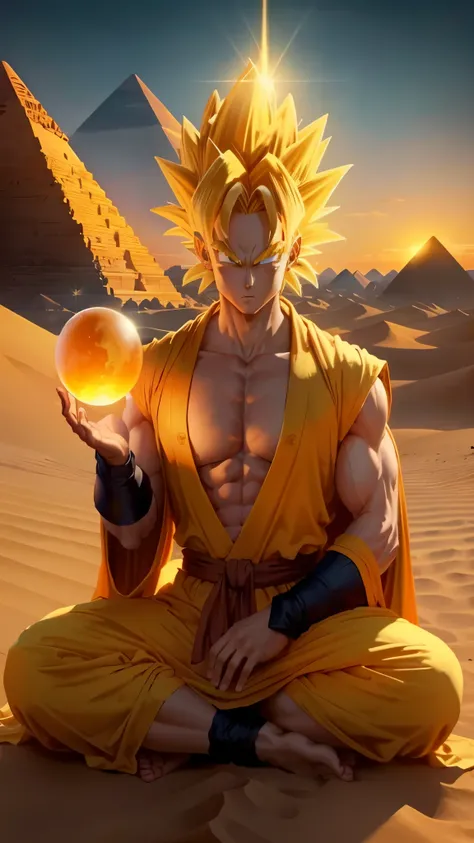 ((best quality)), ((masterpiece)), ((actual)), ((super saiyan)) with orange halo, in a desert  landscape, sand dunes and pyramid...