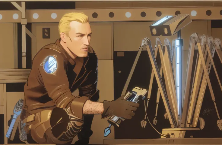 a colored drawing of a man kneeling, holding tech tools, blonde hair, hairy arms, leather gloves, steel background, fixing a robot