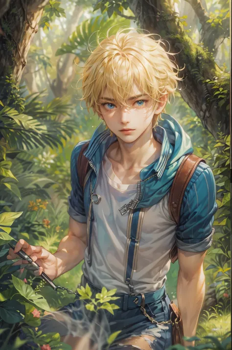 ((Best quality)), ((masterpiece)), (detailed), ((perfect face)), ((halfbody)) handsome face, male, teen boy,  perfect proportions , a character from anime fairy tail, blonde hair, male version , hiro mashima art, detailed ghibli forest background, detailed...