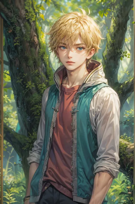 ((Best quality)), ((masterpiece)), (detailed), ((perfect face)), ((halfbody)) handsome face, male, teen boy,  perfect proportions , a character from anime fairy tail, blonde hair, male version , hiro mashima art, detailed ghibli forest background, detailed...