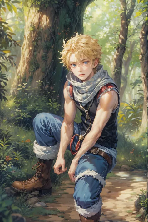 ((Best quality)), ((masterpiece)), (detailed), ((perfect face)), ((halfbody)) handsome face, male, teen boy,  perfect proportions , a character from anime fairy tail, blonde hair, male version , hiro mashima art, detailed ghibli forest background, detailed...