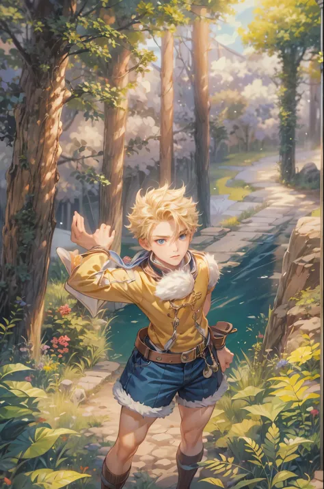 ((Best quality)), ((masterpiece)), (detailed), ((perfect face)), ((halfbody)) handsome face, male, teen boy,  perfect proportions , a character from anime fairy tail, blonde hair, male version , hiro mashima art, detailed ghibli forest background, detailed...