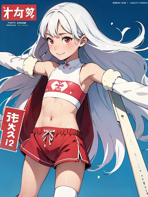 (super flat, flat shading, flat color:1.1)、(magazine cover)、(multiple girls)、An illustration、((、small、flat chest、12 year old girl))、white skin and beautiful appearance、wavy white hair、red eyes、、striped crop top、children&#39;s printed shorts、smile、end、from ...