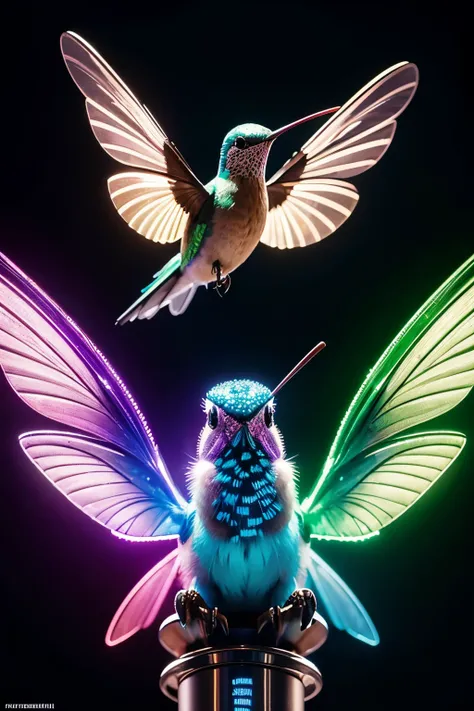 (best quality,highres,ultra-detailed),(realistic,photorealistic:1.37),mechanical hummingbird,plasma-sipping,fantastical,vivid colors,portraits,fluorescent flowers,light source,bokeh,surreal lighting,masterpiece:1.2