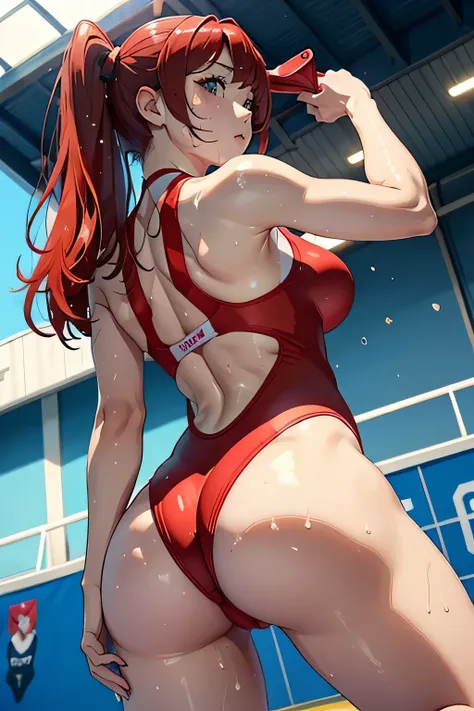 low angle shot，shoot down and up、Back photo。spread legs、Show her ass，actual、Super high chroma、8k、Long red hair(((30 year old woman)))、((((She is wearing a red competition swimsuit。))))、competitive swimmer、big breasts、Thick thighs、Pay attention to muscle de...