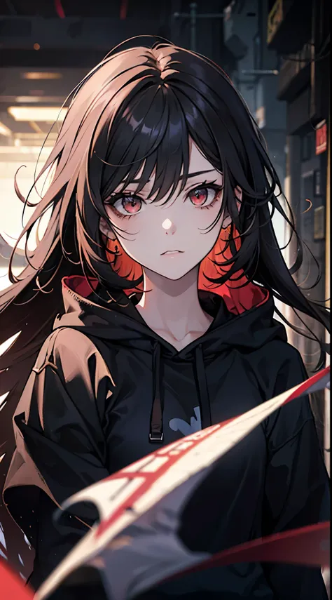  a girl with long black hair and red eyes. messy hair. staring blankly. wearing a black hoodie. (Close-up:1.1) 