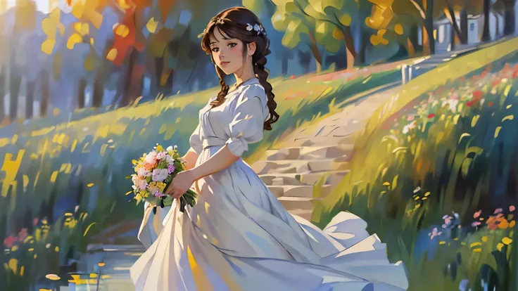 ((Sargent style watercompressionist style painting、Renoir style、(highest quality、masterpiece)、soft light、Beautiful countryside、stream、flowers bloom、one woman、dark brown hair、braided hair、White blouse and long skirt、picnic、Standing on a hill、blown by the wi...