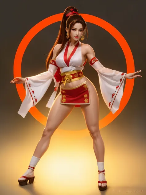 mai shiranui stands in a circle wearing traditional clothes,and sexy thick thighs, no , thick and exposed legs