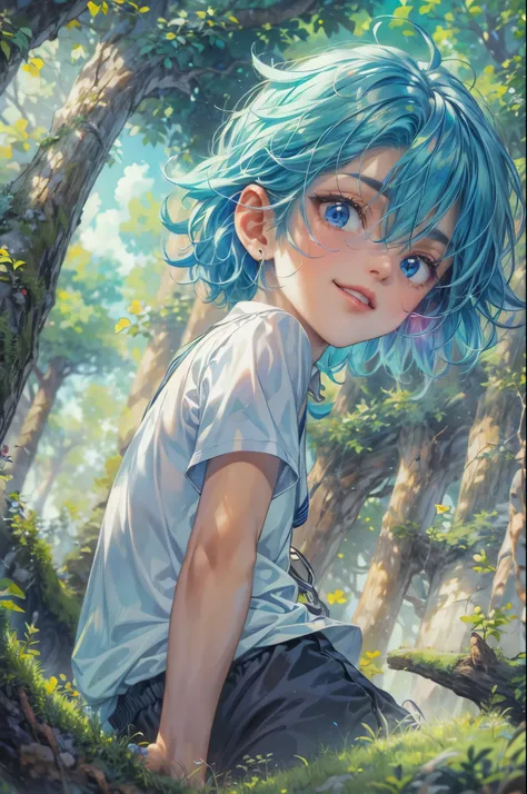 ((Best quality)), ((masterpiece)), (detailed), ((perfect face)), ((halfbody)) handsome face, male, teen boy,  perfect proportions , a character from anime groove adventure Rave, blue hair, male version , hiro mashima art, detailed ghibli forest background,...