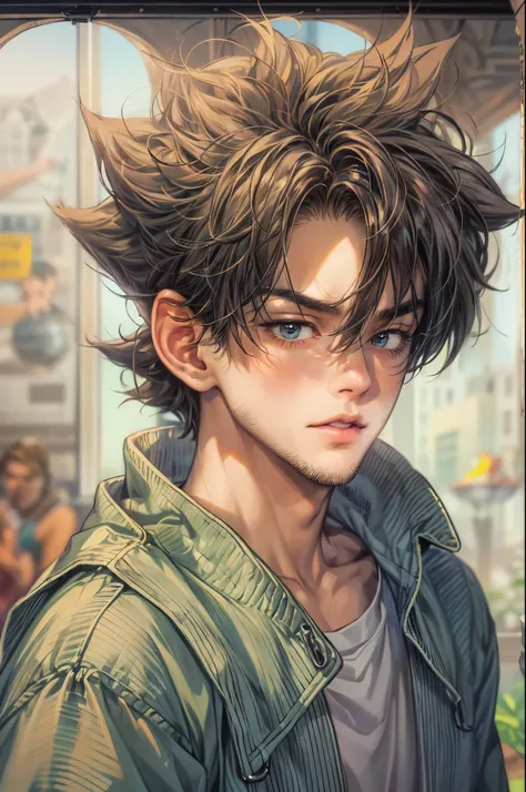 ((Best quality)), ((masterpiece)), (detailed), ((perfect face)), ((halfbody)) handsome face, male, teen boy,  perfect proportions , a character from anime Dragon ball Z, akira toriyama art style, short hair, male version , detailed ghibli interior scenery ...