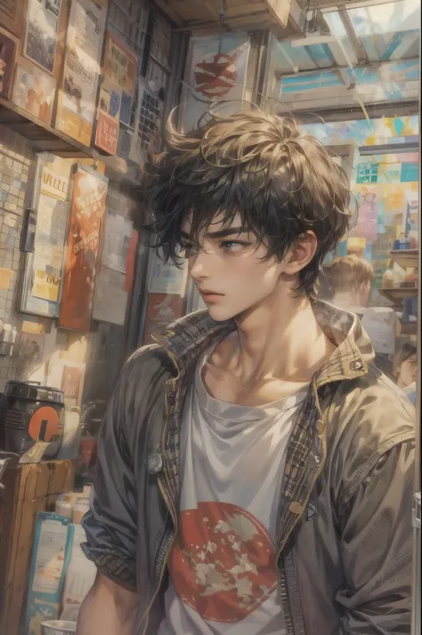 ((Best quality)), ((masterpiece)), (detailed), ((perfect face)), ((halfbody)) handsome face, male, teen boy,  perfect proportions , a character from anime Dragon ball Z, akira toriyama art style, short hair, male version , detailed ghibli interior scenery ...