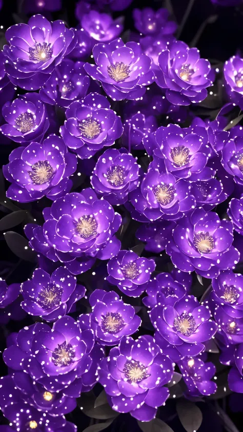 purple flowers with water droplets on them in the dark, a stipple by Alison Geissler, flickr, conceptual art, glowing purple, glowing flowers, glowing neon flowers, purple glow, purple bioluminescence, purple lights, neon flowers, cool purple lighting, dar...