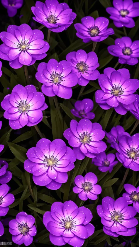 purple flowers with water droplets on them in the dark, a stipple by Alison Geissler, flickr, conceptual art, glowing purple, glowing flowers, glowing neon flowers, purple glow, purple bioluminescence, purple lights, neon flowers, cool purple lighting, dar...