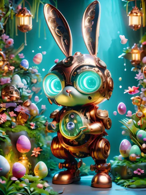 Pixar style, (Blind box toy style:1.2), (full-body shot) , A cute mechanical rabbit wearing an Easter style costume,(The body is made of fine copper and silver parts),(眼睛就像两颗发Light的宝石),(透明发Light),(Under the illumination of neon lights),与高精度的机械部件一起营造出闪闪发Lig...