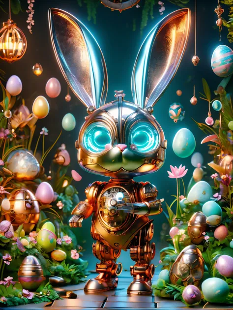Pixar style, (Blind box toy style:1.2), (full-body shot) , A cute mechanical rabbit wearing an Easter style costume,(The body is made of fine copper and silver parts),(眼睛就像两颗发Light的宝石),(透明发Light),(Under the illumination of neon lights),与高精度的机械部件一起营造出闪闪发Lig...