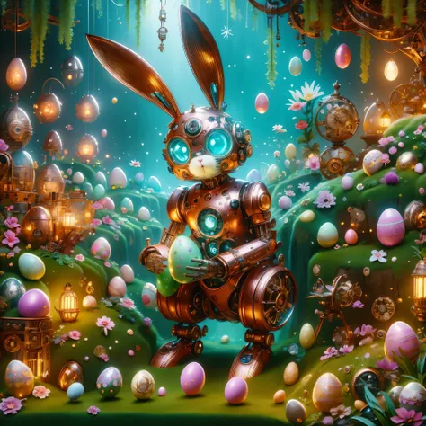 (masterpiece, best quality:1.2), easter style, A cute mechanical bunny dressed in Easter-style attire, its body made of exquisite copper and silver parts. Its eyes are like two glowing gems, transparent and illuminated by neon lights, creating a sparkling ...