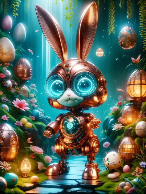 Pixar style, (Blind box toy style:1.2), A cute mechanical rabbit wearing clothes,透明发Light,霓虹灯Light,High precision mechanical parts,Its body is composed of delicate copper and silver parts,眼睛像两颗发Light的宝石,Clean, White background, (global illumination, Light线...
