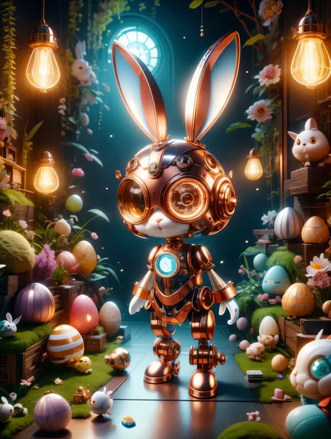 pixar style, (blind box toy style:1.2), a cute mechanical rabbit wearing clothes，透明发light，霓虹灯light，high precision mechanical par...