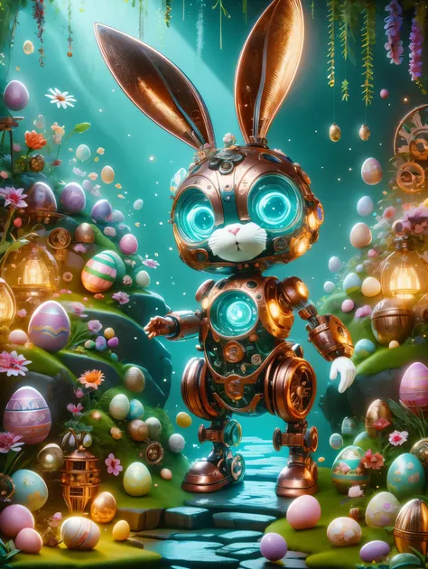 Pixar style, (Blind box toy style:1.2), (full-body shot) , mechanical rabbit, Easter outfit, steampunk garden, neon lights, translucent, glowing, high precision mechanical parts, Easter eggs, copper, silver, gem-like eyes, fantastical plants, Easter theme,...