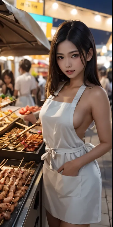 (southeast Asian woman, brown-skin), staff stall grill squid skewers at the market at night, (wearing apron with various pattern to hide nipples), skirt,